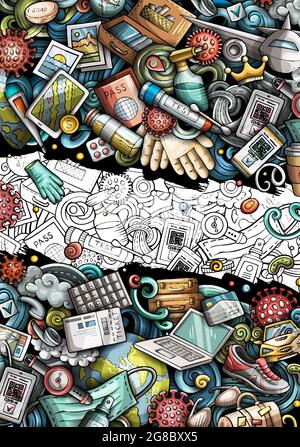 Handgezeichnetes Doodle-Banner auf Reisen. Cartoon Vektor detaillierter Flyer. Stock Vektor