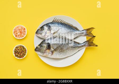 Roher dorado-Fisch mit Gewürzen auf weißem Teller auf hellgelbem Hintergrund. Mediterranes Meeresfrüchtekonzept. Draufsicht, Kopierbereich Stockfoto