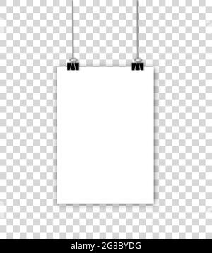 Realistisch hängendes leeres Papierblatt mit Schatten. Weiße Wand mit leerem Papierrohling. Vektordarstellung auf transparentem Hintergrund isoliert Stock Vektor