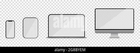 Satz realistischer Geräte Mockup. Monitor, Laptop, Tablet, Smartphone. Vektordarstellung auf transparentem Hintergrund isoliert Stock Vektor