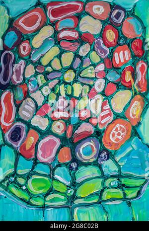 Cartoon Blume auf grunge Hintergrund. Handgezeichnete Sommerkarte. Acrylmalerei. Stockfoto