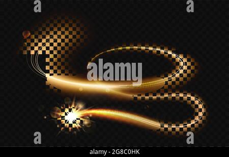 Goldener Sternschnuppe-Effekt, Lichtlinie Spur des glühenden fliegenden Sterns Kometen Vektor-Illustration. Abstraktes magisches Leuchten von hellen funkelnden Partikeln und Bokeh in glänzendem Goldschwanz aus Sternenstaub auf dunklem Hintergrund Stock Vektor