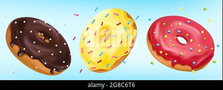 Fallende glasierte süße Donuts auf blauem Hintergrund. Realistische bunte Donuts mit rosa, Schokolade, gelber Vereisung mit streuen. Vektorgrafik. Stock Vektor
