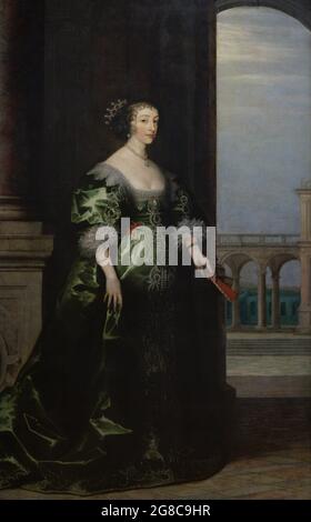 Henrietta Maria (1609-1669). Königin Gemahlin von England, Schottland und Irland. Französische Ehefrau von König Karl I. von England. Porträt eines unbekannten Künstlers. Hintergrund von Hendrik van Steenwyck dem Jüngeren (ca. 1580-1649). Öl auf Leinwand (215,9 x 135,2 cm), ca. 1635. National Portrait Gallery. London, England, Vereinigtes Königreich. Stockfoto