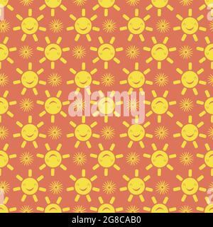 Nette Vektor lächelnd lachend kawaii Sonne und Blumen nahtlose Muster Hintergrund. Cartoon gelbes Wetter und florale Symbole gelb blau Hintergrund. Spaß Stock Vektor
