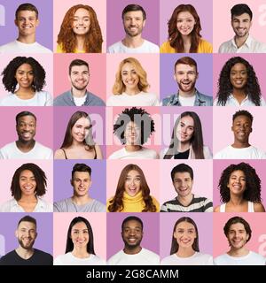 Lebenskräftige Menschen in lässigen Outfits, Nahaufnahmen-Porträts Stockfoto