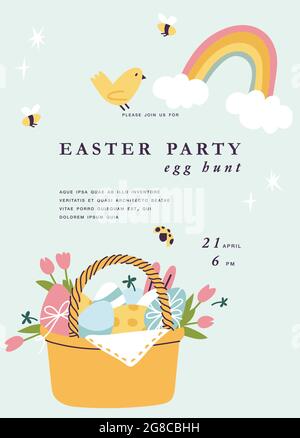 Vektorgrafik für Osterferien. Schöner Blumenstrauß mit Osterkuchen und malen Eier im Korb. Vorlage für Grußkarte, Poster Stock Vektor