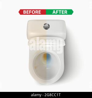 Vector 3d realistische saubere und schmutzige weiße Keramik-Toilette im Toilettenzimmer. Vorher, Nachher. Offene Toilettenschüssel mit Deckel. Sanitär, Mockup, Design-Vorlage Stock Vektor