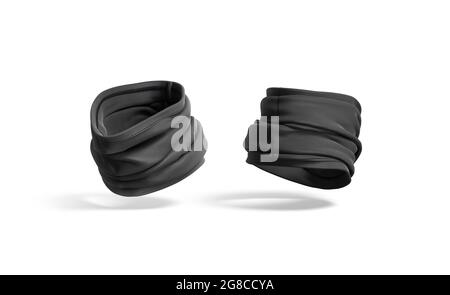 Blank schwarz gefaltet Hals Gamasche Mockup, halb gedreht Ansicht, Seite zurück, 3d-Rendering. Leeres Tuch Gesichtsmaske oder Buff Mock up, isoliert. Durchsichtiger Schutz des Kopfw Stockfoto