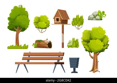 Park Set von Elementen, Holzbank, Bäume, Busch, Stein mit Moos, Altes Holz, Vogelhaus, bin im Cartoon-Stil isoliert auf weißem Hintergrund. Vektorgrafik Stock Vektor