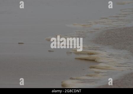 Schaum am Strand durch die nachlassende Flut hinterlassen Stockfoto