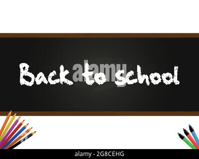 Back To School Dekorativer Text Über Schwarzer Tafel Mit Holzrahmen Oben Und Unten Auf Weißem Hintergrund Mit Farbigen Bleistiften Und Markern Stock Vektor