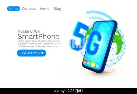 Bildschirm Telefon Neon-Symbol 5G-Netz modern. Blauer Hintergrund, mobiler Service. Vektorgrafik Stock Vektor