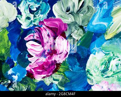 Rosa Blumen, abstrakte Malerei, original handgezeichnet, Impressionismus-Stil, Farbtextur, Pinselstriche der Farbe, Kunsthintergrund. Moderne Kunst. Zeitgenössisch Stockfoto