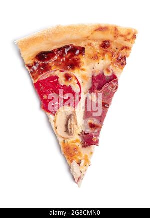 Ein Stück frischer, klassischer italienischer Pizza, isoliert auf weißem Hintergrund Stockfoto
