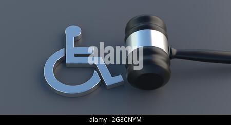 Rollstuhl Zeichen Symbol und Richter gavel auf grauem Hintergrund. Gesetz für behinderte Menschen und Behindertenrechte Konzept. 3d-Illustration Stockfoto