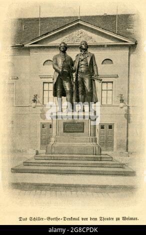 Europa, Deutschland, Thüringen, Weimar, Friedrich Schiller ( Friedrich von Schiller ) , Schiller-Goethe Denkmal vor dem Theater in Weimar, Motiv aus: ' Friedrich Schiller in seinem Leben und Wirken ' , von August Lomberg , Verlag Hermann Beyer & Söhne , Herzogl. Sächs. Hofbuchhändler, Langensalza, 1905 , Kunstureberrechte werden nicht vertreten . / Europa, Deutschland, Thüringen, Weimar, Friedrich Schiller ( Friedrich von Schiller ) , Schiller-Goethe-Denkmal vor dem Theater in Weimar, Bild aus: "Friedrich Schiller in seinem Leben und Wirken" (Friedrich Schiller in seinem Leben und ac Stockfoto