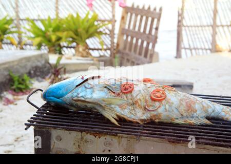 Tropisches Essen am Strand. Exotischer Urlaub im Resort. Frischer, roher tropischer Fisch auf dem Kohleofen. Am Strand kann man sich am Strand am Strand am Strand Sansibar Tansania. Stockfoto