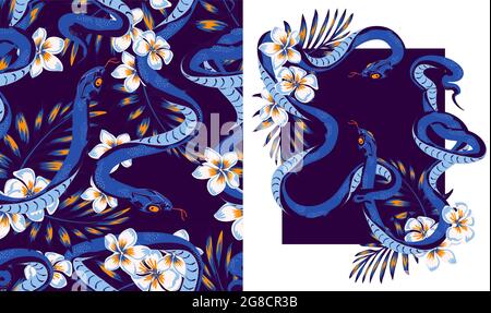 Set mit Schlangen- und Tropis-Blumen im Dschungel, Dschungel-Mustermuster, T-Shirt-Print, Sticker-Design Stock Vektor