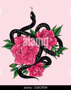 Schwarze Viper im Rosenstrauß. Vektorgrafik handgezeichnete Illustration. Tattoo-Skizze, T-Shirt-Print, Sticker-Design Stock Vektor