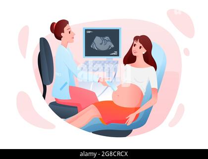 Medizin Schwangerschaft Beratung, Arzt untersucht Schwangeren mit Ultraschall-Scanner Stock Vektor