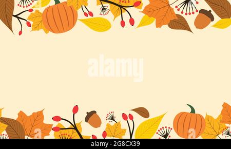 Herbsthintergrund in gelben und orangen Farben. Flaches Design mit Kürbis-, Beeren- und Blattrahmen. Einfache Vektordarstellung. Stock Vektor