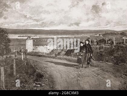 Ein Blick aus dem späten 19. Jahrhundert auf das entfernte Stranraer aka The Toon, eine Stadt in Dumfries und Galloway, Schottland, von Gallowhill aus mit zwei jungen modischen Frauen. Es war früher ein Fährhafen, der Schottland mit Belfast und Larne in Nordirland verband. Stockfoto