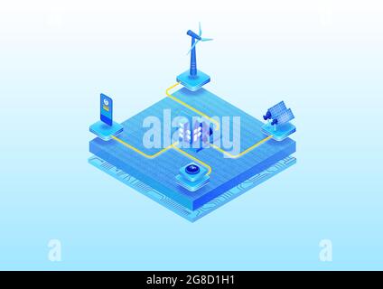 Smart Home mit dem Konzept erneuerbarer grüner Energie als isometrische 3D-Vektordarstellung. Solarpanel, Windturbine, um Energie für einen grünen Hou zu erzeugen Stock Vektor