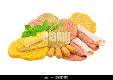 Vegetarische und vegane Fleischersatzstoffe isoliert auf weißem Hintergrund Stockfoto