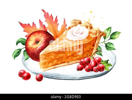 Herbstkomposition mit Apfel, Beeren, bunten Blättern und Scheibe oder Stück american Kürbis Pie, Thanksgiving Day Konzept. Handgezeichnetes Aquarell il Stockfoto