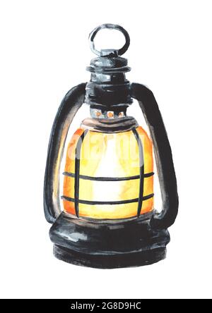 Farm Lantern. Handgezeichnete Aquarelldarstellung isoliert auf weißem Hintergrund Stockfoto