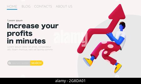 3d Cartoon Mann hält wachsenden Pfeil. Konzept zur Ertrags- oder Gewinnsteigerung. Vorlage für Landing-Page. Vektorgrafik Stock Vektor