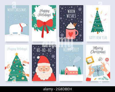 Skandinavische weihnachtskarten. Gemütliche Winterurlaub, noel und Neujahr Feiern mit niedlichen santa, Eisbär und Baumschmuck Vektor-Set Stock Vektor