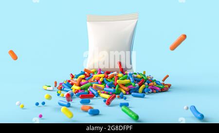 3d-Rendering von Zucker streut Punkte auf einem blauen Hintergrund und eine weiße Packung auf ihnen Stockfoto