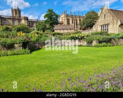 Eingang zur berühmten Christ Church Wiese, zeigen blühende Primeln und Lavendelbüsche säumen den Weg zum College und Garten. Christ Church Meadow ist ein seltener Freiraum im Herzen von Oxford, der das ganze Jahr über für die Öffentlichkeit zugänglich ist. Die Wiese wird seit langem als Ort für Sport, Unterhaltung und Erholung genutzt. Die Wiese wird von den Flüssen Cherwell und Themse umschlossen. Zwischen dem Fluss und dem Meadow Gate des College befindet sich der große breite Weg, der zur Zeit von John Fell (1625-1686), Dekan der Christ Church und Bischof von Oxford, errichtet wurde. Vereinigtes Königreich. Stockfoto