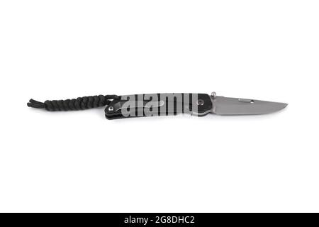 Taschenfaltungsmesser mit schwarzem Körper isoliert auf weißem Hintergrund. Messer mit einer klappbaren Klinge. Stockfoto