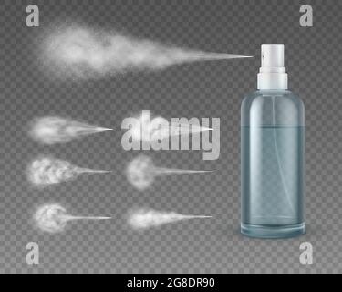 Realistische Sprühflasche mit Jet. Kosmetische Kunststoff Wasser Aerosol Sprühen Nebel Wolken. Deodorant oder Hautpflege Produktpaket 3d Vektor Mockup Stock Vektor