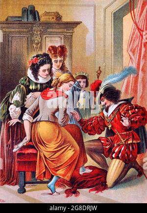 Cinderella probiert den gläsernen Slipper, Illustration von Carl Offterdinger Stockfoto