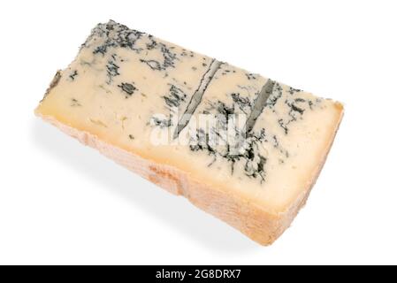 Italienischer Gorgonzola-Käse, ein Stück Blauschimmelkäse isoliert auf weiß, Draufsicht, flach liegend Stockfoto