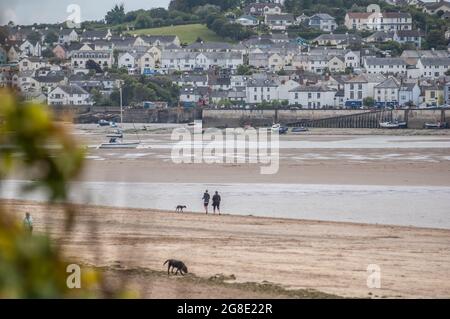 INSTOW, DEVON, ENGLAND- 25. Juni 2021: Menschen gehen Hunde am Strand in Instow, Devon Stockfoto
