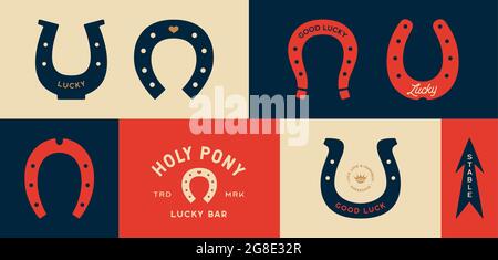 Glückliches Hufeisen. Satz von Hufeisen, Grafiken und Glückssymbolen. Design-Elemente, Set Zeichnung, Vintage Hipster-Stil. Hufeisen, Typografie, Band und Glückszeichen. Vektorgrafik Stock Vektor