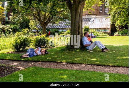 Ein Mann, der an einem großen Baum gelehnt liest, und eine Frau, die in der Nähe im Chelsea Physic Garden in London schläft. Stockfoto