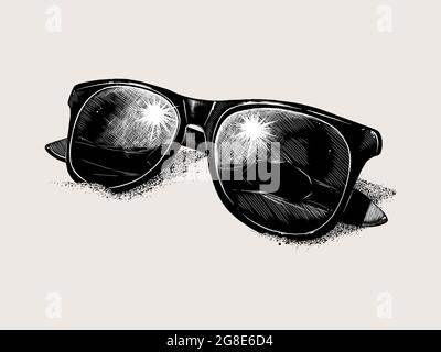 Handgezeichnete Skizzensonnenbrille auf dem Sand isoliert auf beigem Hintergrund. Vintage-Style. Vektorgrafik für Poster und Print Stock Vektor