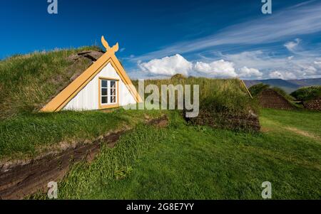 Grasstachelhäuser, Torfgehöft oder Torfmuseum Glumbaer oder Glumbaer, Skagafjoerour, Norourland vestra, Island Stockfoto