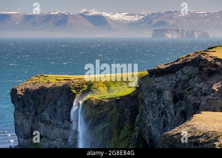 Der Wasserfall fällt über die Klippe und wird vom Wind weggeblasen, im Hintergrund Saga Island Drangey, Skagi Peninsula, Skagafjoerour, Norourland Vestra Stockfoto