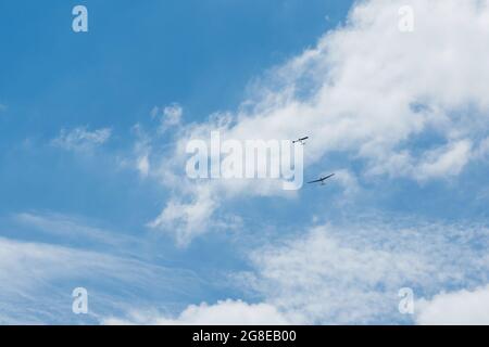 Segelflugzeuge fliegen am Himmel. Extrem aktiver Sport. Wolkiger blauer Himmel mit kleinen motorlosen Flugzeugen. Stockfoto