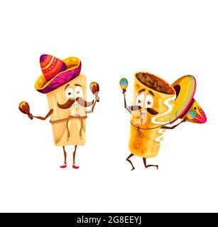 Cartoon mexikanische Tamales und Chimichanga glückliche Charaktere. Vector Mariachi lustige Musiker in Sombrero spielen Maracas, tex mex Fastfood Künstler mit m Stock Vektor