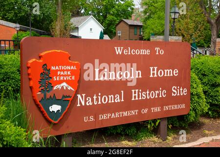 Eingangsschild, Lincoln Home National Historic Site, Springfield, Illinois Stockfoto