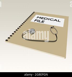 3D-Illustration der Medical File-Schrift auf einer Broschüre zusammen mit einem Stethoskop, isoliert über einem hellbraunen Gradienten. Stockfoto