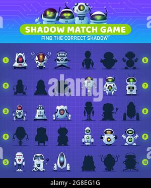 Shadow Match Kinder Spiel mit Cartoon-Roboter und Leiterplatte. Memory Puzzle, pädagogische Rätsel oder Labyrinth, Kinder Arbeitsblatt Vektor-Vorlage mit Modder Stock Vektor